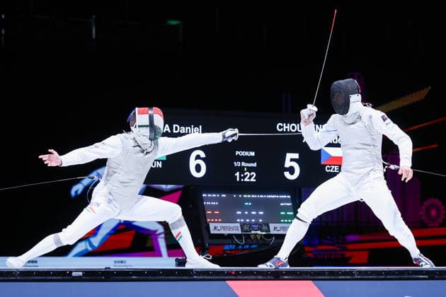 CHINA, HONG KONG - JULY 25, 2026: Hungary s Daniel Dosa (L) and the Czech Republic s Alexander Choupenitch compete in the men’s individual foil event at the 2026 Kerry Fencing World Championships. Mikhail Sinitsyn TASS  95429210