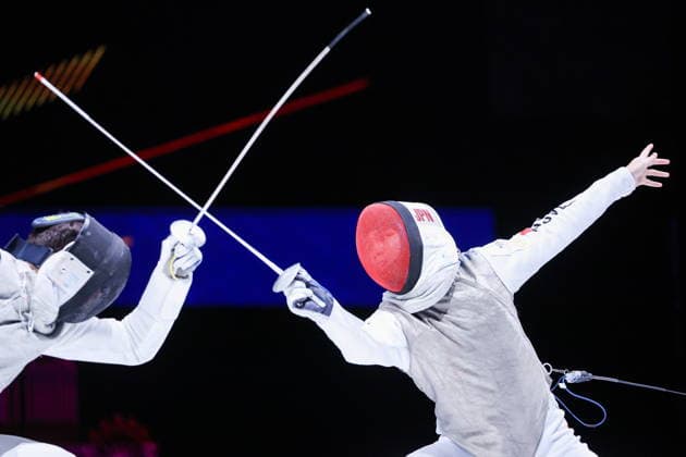 CHINA, HONG KONG - JULY 25, 2026: Italy s Filippo Macchi (L) and Japan s Kazuki Iimura compete in the men’s individual foil event at the 2026 Kerry Fencing World Championships. Mikhail Sinitsyn TASS  95429380