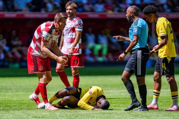 Testspiel, Bundesliga, Fortuna Düsseldorf vs. Borussia Dortmund, 25.07.2026 in der Merkur Arena Serhou Guirassy Dominique Heintz *** Exhibition Match, Bundesliga, Fortuna Düsseldorf vs. Borussia Dortmund, July 25, 2026, at the Merkur Arena: Serhou Guirassy, Dominique Heintz Copyright: xBahhoxKarax