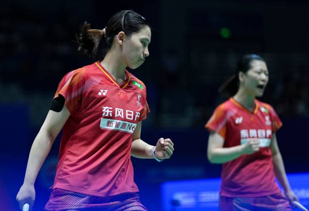 (260725) -- CHANGZHOU, July 25, 2026 -- Li Yijing (L) Luo Xumin celebrate a score during the women s doubles semifinal match between Li Yijing Luo Xumin of China and Fukushima Yuki Matsumoto Mayu of Japan at the China Open 2026 badminton tournament in Changzhou, east China s Jiangsu Province, July 25, 2026. ) (SP)CHINA-CHANGZHOU-BADMINTON-CHINA OPEN-WOMEN S DOUBLES (CN) SunxFei 