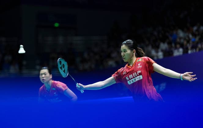 (260725) -- CHANGZHOU, July 25, 2026 -- Li Yijing (R) Luo Xumin compete during the women s doubles semifinal match between Li Yijing Luo Xumin of China and Fukushima Yuki Matsumoto Mayu of Japan at the China Open 2026 badminton tournament in Changzhou, east China s Jiangsu Province, July 25, 2026. ) (SP)CHINA-CHANGZHOU-BADMINTON-CHINA OPEN-WOMEN S DOUBLES (CN) SunxFei 
