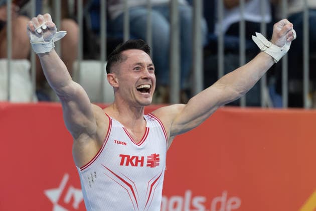 Deutsche Meisterschaften im Gerätturnen 2026, Gerätfinals Andreas Toba (Turn-Klubb zu Hannover) jubelt nach seiner Übung im Gerätfinale an den Ringen. Deutsche Meisterschaften im Gerätturnen, Gerätfinals, am 25. Juli 2026 in der ZAG-Arena in Hannover., Hannover Niedersachsen Deutschland ZAG Arena *** 2026 German Artistic Gymnastics Championships, Apparatus Finals: Andreas Toba of Turn Klubb zu Hannover celebrates after his routine in the rings apparatus final at the German Artistic Gymnastics Championships, Apparatus Finals, on July 25, 2026, at the ZAG Arena in Hanover, Hanover, Lower Saxony, Germany, ZAG Arena