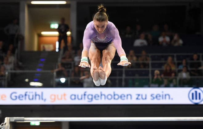 25.07.2026, xhbx, Turnen DM Finals 2026, Gerätfinals Frauen v.l. Helen Kevric Stufenbarren (DFL DFB REGULATIONS PROHIBIT ANY USE OF PHOTOGRAPHS as IMAGE SEQUENCES and or QUASI-VIDEO) Hannover *** July 25, 2026, xhbx, 2026 German Gymnastics Championships Finals, Women s Apparatus Finals: Helen Kevric, Uneven Bars. DFL and DFB regulations prohibit any use of photographs as image sequences and or quasi-video. Hanover