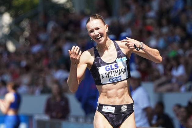 Leichtathletik, Athletics, Track and Field,, Leichtathletik DM 2026 , 25.07-26.07.2026, Lohrheidestadion Bochum-Wattenheid Dreisprung Frauen Finale, Kira Wittmann, Deutschland jubelt Copyright Gladys Chai von der Laage *** Track and Field, Athletics, Track and Field, 2026 German Track and Field Championships, July 25–26, 2026, Lohrheidestadion, Bochum, Wattenheid, Women’s Triple Jump Final, Kira Wittmann, Germany celebrates. Copyright Gladys Chai von der Laage