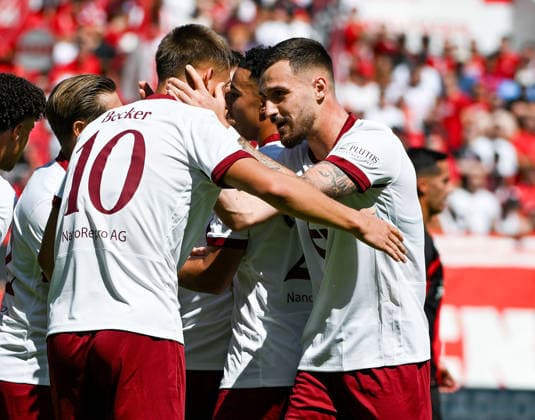 25.07.2026, xpsx, Fussball Testspiel, Kickers Offenbach - Bayer 04 Leverkusen v.l. celebrate the goal, Torjubel zum 1:0 Torschütze Keanu Staude (Offenbacher Kickers), Jan Becker (Offenbacher Kickers), Maximilian Wolfram (Offenbacher Kickers) (DFL DFB REGULATIONS PROHIBIT ANY USE OF PHOTOGRAPHS as IMAGE SEQUENCES and or QUASI-VIDEO) emspor Offenbach *** July 25, 2026, xpsx, soccer friendly match, Kickers Offenbach vs. Bayer 04 Leverkusen—celebrating the goal, goal celebration for the 1-0 goal; goal scorer Keanu Staude (Offenbacher Kickers), Jan Becker (Offenbacher Kickers), Maximilian Wolfram, Offenbach Kickers. DFL and DFB regulations prohibit any use of photographs as image sequences and or quasi-video. emspor Offenbach