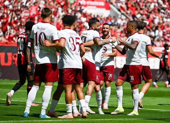25.07.2026, xpsx, Fussball Testspiel, Kickers Offenbach - Bayer 04 Leverkusen v.l. celebrate the goal, Torjubel zum 1:0 Torschütze Keanu Staude (Offenbacher Kickers) (DFL DFB REGULATIONS PROHIBIT ANY USE OF PHOTOGRAPHS as IMAGE SEQUENCES and or QUASI-VIDEO) emspor Offenbach *** July 25, 2026, xpsx, Soccer Friendly Match, Kickers Offenbach vs. Bayer 04 Leverkusen—celebrating the goal, Goal celebration for the 1–0 goal; scorer: Keanu Staude, Offenbach Kickers. DFL and DFB regulations prohibit any use of photographs as image sequences and or quasi-video. emspor Offenbach