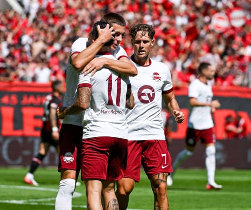 25.07.2026, xpsx, Fussball Testspiel, Kickers Offenbach - Bayer 04 Leverkusen v.l. celebrate the goal, Torjubel zum 1:0 Torschütze Keanu Staude (Offenbacher Kickers), Jan Becker (Offenbacher Kickers) (DFL DFB REGULATIONS PROHIBIT ANY USE OF PHOTOGRAPHS as IMAGE SEQUENCES and or QUASI-VIDEO) emspor Offenbach *** July 25, 2026, xpsx, soccer friendly match, Kickers Offenbach vs. Bayer 04 Leverkusen—celebrating the goal, goal celebration for the 1–0 goal scored by Keanu Staude of Kickers Offenbach, Jan Becker, Offenbach Kickers. DFL and DFB regulations prohibit any use of photographs as image sequences and or quasi-video. emspor Offenbach