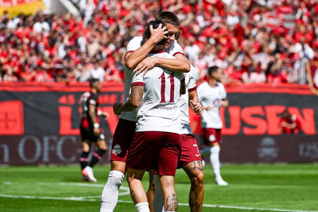 25.07.2026, xpsx, Fussball Testspiel, Kickers Offenbach - Bayer 04 Leverkusen v.l. celebrate the goal, Torjubel zum 1:0 Torschütze Keanu Staude (Offenbacher Kickers), Jan Becker (Offenbacher Kickers) (DFL DFB REGULATIONS PROHIBIT ANY USE OF PHOTOGRAPHS as IMAGE SEQUENCES and or QUASI-VIDEO) emspor Offenbach *** July 25, 2026, xpsx, soccer friendly match, Kickers Offenbach vs. Bayer 04 Leverkusen—celebrating the goal, goal celebration for the 1–0 goal scored by Keanu Staude of Kickers Offenbach, Jan Becker, Offenbach Kickers. DFL and DFB regulations prohibit any use of photographs as image sequences and or quasi-video. emspor Offenbach