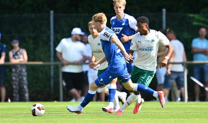 25.07.2026 - Fussball - Saison 2026 2027 - Testspiel Freundschaftsspiel Vorbereitungsspiel - TSG 1899 Hoffenheim - SpVgg Greuther Fürth ( Kleeblatt ) - - Sportfoto Zink - xwoxzix - regulations prohibit any use of photographs as image sequences and or quasi-video - only for editorial use - Mats Rots (39, TSG 1899 Hoffenheim ) Sacha Banse Bansé (6, SpVgg Greuther Fürth ) *** July 25, 2026 Soccer Season 2026–2027 Exhibition Match Friendly Match Preseason Match TSG 1899 Hoffenheim SpVgg Greuther Fürth Kleeblatt Sports Photo Zink xwoxzix Regulations prohibit any use of photographs as image sequences and or quasi-video For editorial use only. Mats Rots (39), TSG 1899 Hoffenheim; Sacha Banse Bansé (6), SpVgg Greuther Fürth