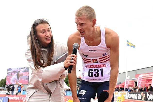 UPPSALA, SWEDEN 20260725 Carl Bengtström is interviewed after his gold in the men s 400 m during the Swedish Athletics Championships at Uppsala Athletics Stadium on Saturday. UPPSALA SWEDEN x62610x *** UPPSALA, SWEDEN, July 25, 2026 — Carl Bengtström is interviewed after winning the gold medal in the men’s 400-meter race during the Swedish Athletics Championships at Uppsala Athletics Stadium on Saturday. UPPSALA, SWEDEN x62610x  Copyright: xAnnaxHallams TTx ATHLETICS CHAMPIONSHIPS IN UPPSALA