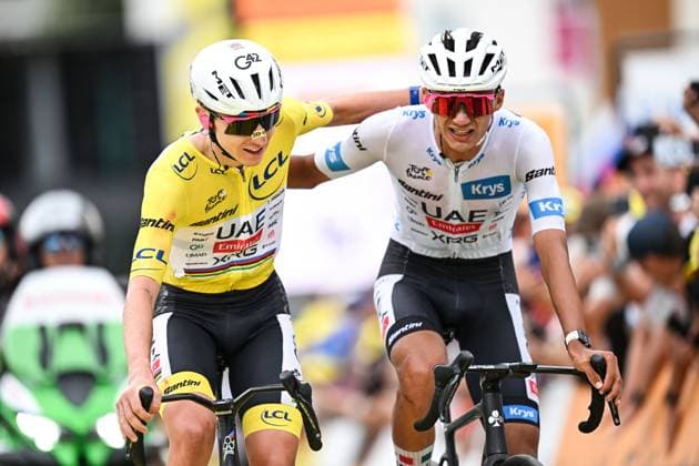 Slovenian Tadej Pogacar of UAE Team Emirates-XRG and Mexican Isaac Del Toro of UAE Team Emirates-XRG celebrate as they cross the finish line of stage 20 of the 2026 Tour de France cycling race, a stage of 171km Le Bourg d Oisans to Alpe d Huez, on Saturday 25 July 2026. The 113th edition of the Tour de France starts on Saturday 4 July in Barcelona, Spain, and will finish in Paris, France on the 26th of July. DAVIDxPINTENS  x182010680x