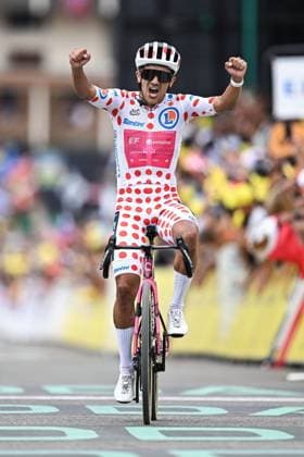 Ecuadorian Richard Carapaz of EF Education-EasyPost celebrates as he crosses the finish line to win stage 20 of the 2026 Tour de France cycling race, a stage of 171km Le Bourg d Oisans to Alpe d Huez, on Saturday 25 July 2026. The 113th edition of the Tour de France starts on Saturday 4 July in Barcelona, Spain, and will finish in Paris, France on the 26th of July. DAVIDxPINTENS  x182010877x