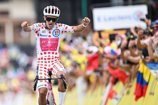 Ecuadorian Richard Carapaz of EF Education-EasyPost celebrates as he crosses the finish line to win stage 20 of the 2026 Tour de France cycling race, a stage of 171km Le Bourg d Oisans to Alpe d Huez, on Saturday 25 July 2026. The 113th edition of the Tour de France starts on Saturday 4 July in Barcelona, Spain, and will finish in Paris, France on the 26th of July. DAVIDxPINTENS  x182011263x