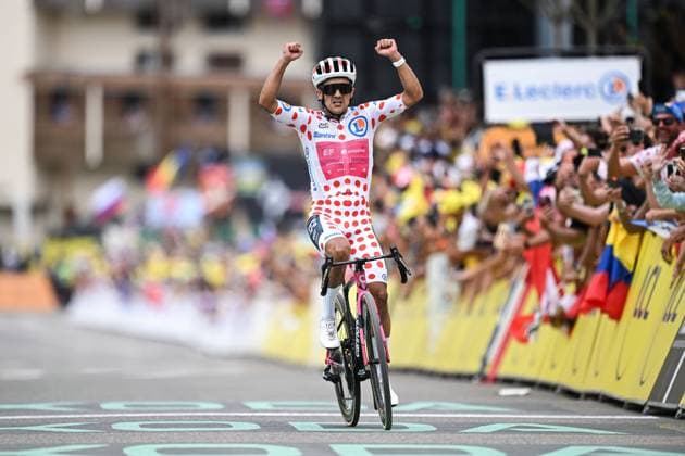 Ecuadorian Richard Carapaz of EF Education-EasyPost celebrates as he crosses the finish line to win stage 20 of the 2026 Tour de France cycling race, a stage of 171km Le Bourg d Oisans to Alpe d Huez, on Saturday 25 July 2026. The 113th edition of the Tour de France starts on Saturday 4 July in Barcelona, Spain, and will finish in Paris, France on the 26th of July. DAVIDxPINTENS  x182012459x