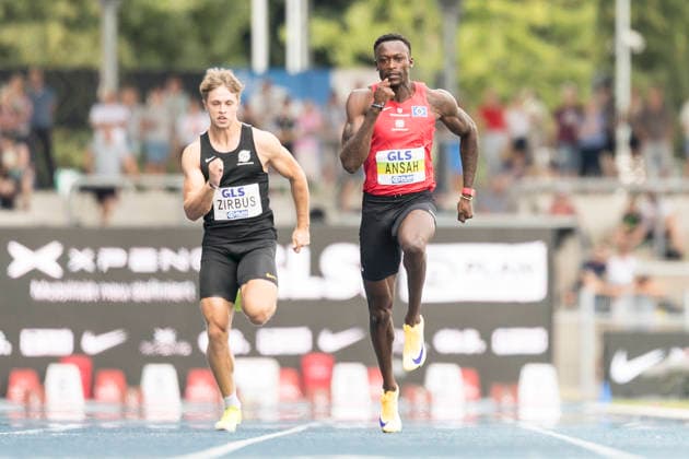 Deutsche Leichtathletik-Meisterschaften; Bochum-Wattenscheid, 25.07.2026 Owen Ansah (Hamburger SV), 100m Vorlauf, Milian Zirbus (Hannover 96); Deutsche Leichtathletik-Meisterschaften am 25.07.2026 im Lorheide-Stadion, Bochum-Wattenscheid (Nordrhein-Westfalen). *** German Track and Field Championships, Bochum Wattenscheid, July 25, 2026; Owen Ansah (Hamburger SV), 100m preliminary round; Milian Zirbus (Hannover 96); German Track and Field Championships on July 25, 2026, at Lorheide Stadium, Bochum-Wattenscheid, North Rhine-Westphalia Copyright: xBEAUTIFULxSPORTS AxelxKohringx