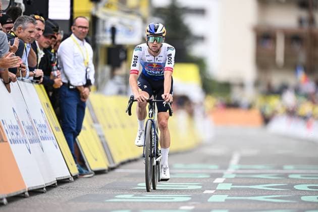 Australian Jai Hindley of Red Bull-BORA-hansgrohe crosses the finish line of stage 20 of the 2026 Tour de France cycling race, a stage of 171km Le Bourg d Oisans to Alpe d Huez, on Saturday 25 July 2026. The 113th edition of the Tour de France starts on Saturday 4 July in Barcelona, Spain, and will finish in Paris, France on the 26th of July. DAVIDxPINTENS  x182015081x