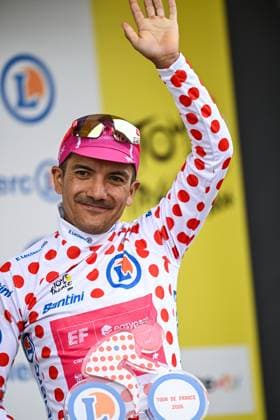 Ecuadorian Richard Carapaz of EF Education-EasyPost celebrates on the podium in the red polka-dot jersey for best climber after stage 20 of the 2026 Tour de France cycling race, a stage of 171km Le Bourg d Oisans to Alpe d Huez, on Saturday 25 July 2026. The 113th edition of the Tour de France starts on Saturday 4 July in Barcelona, Spain, and will finish in Paris, France on the 26th of July. DAVIDxPINTENS  x182017954x