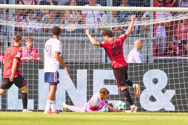 Sven Ulreich goalkeeper of FC Bayern München mistake for 2-1 goal of Lukas Schleimer of Wiesbaden in action at the friendly match SV Wehen Wiesbaden - FC Bayern München on July 25, 2026 in Wiesbaden, Germany Season 2026 2027, FCB,