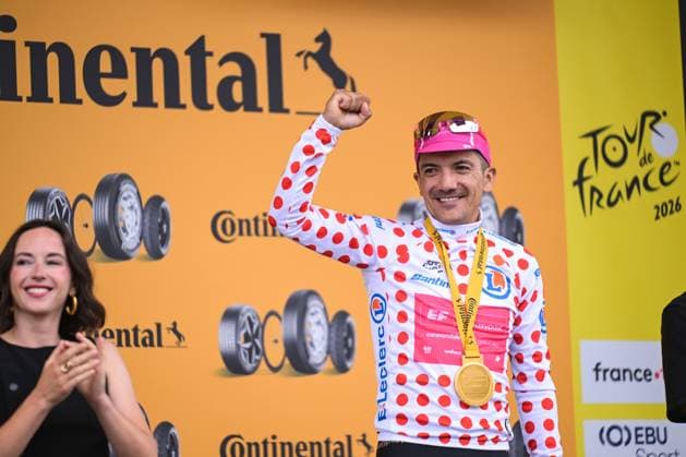 Ecuadorian Richard Carapaz of EF Education-EasyPost celebrates on the podium after winning stage 20 of the 2026 Tour de France cycling race, a stage of 171km Le Bourg d Oisans to Alpe d Huez, on Saturday 25 July 2026. The 113th edition of the Tour de France starts on Saturday 4 July in Barcelona, Spain, and will finish in Paris, France on the 26th of July. DAVIDxPINTENS  x182018953x
