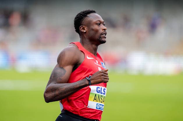 Wattenscheid, 25.07.2026, Leichathletik, Deutsche Meisterschaften, Männer, 100m Owen Ansah (GER, Hamburger SV) nachdem 100m Vorlauf Bochum-Wattenscheid Lohrheidestadion NRW Germany *** Wattenscheid, July 25, 2026, Track and Field, German Championships, Men, 100m: Owen Ansah (GER), Hamburger SV, after the 100m preliminary round at Lohrheidestadion in Bochum-Wattenscheid, North Rhine-Westphalia, Germany