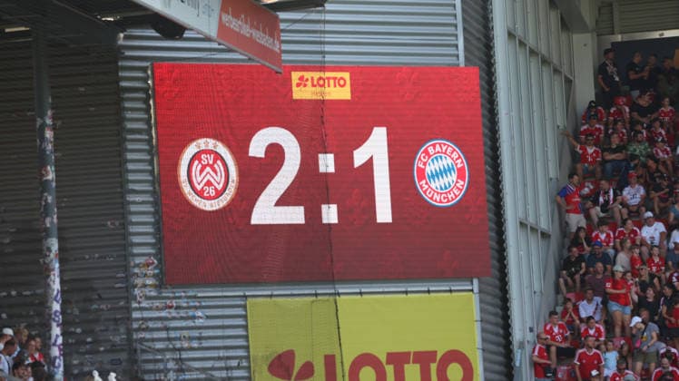 25.07.2026, xrekx, Fussball Testspiel, SV Wehen Wiesbaden - FC Bayern München v.l. Anzeigetafel, Videowall, Scoreboard, Info, Werbung Endstand 2:1 Symbolfoto, Symbolbild, Symbol Stadion, symbolic photo, symbolic image, symbolic stadium (DFL DFB REGULATIONS PROHIBIT ANY USE OF PHOTOGRAPHS as IMAGE SEQUENCES and or QUASI-VIDEO) Wiesbaden *** July 25, 2026, xrekx, Soccer Friendly Match, SV Wehen Wiesbaden vs. FC Bayern Munich – Scoreboard, Video Wall, Scoreboard, Info, Advertising, Final Score 2–1, Symbolic photo, Symbolic image, Symbolic stadium, DFL and DFB regulations prohibit any use of photographs as image sequences and or quasi-video, Wiesbaden