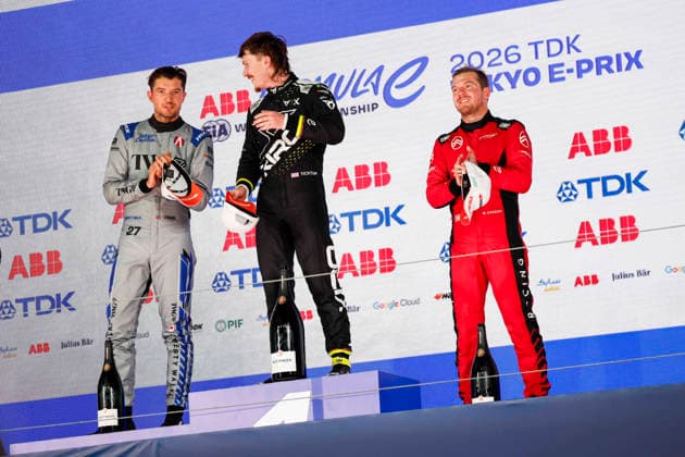 2026 FORMULA E TOKYO ePRIX DENNIS Jake (gbr), Andretti Formula E, Porsche 99X Electric, TICKTUM Dan (gbr), Cupra Kiro, Porsche 99X Electric WCG3, CASSIDY Nick (nzl), CitroÃ«n Racing Formula E Team, CitroÃ«n, portrait, podium during the Tokyo ePrix, 14th and 15th round of the 2025-26 ABB FIA Formula E World Championship, WM, Weltmeisterschaft on the Tokyo Street Circuit from July 24 to 26, 2026 in Tokyo, Japan - TokyoJapan  Copyright: xJULIENxDELFOSSEx