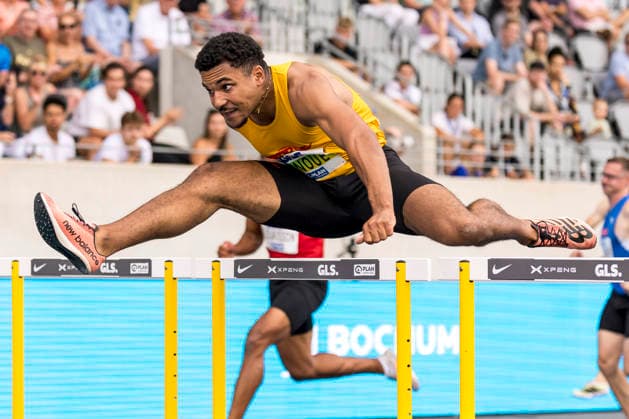 Deutsche Leichtathletik-Meisterschaften; Bochum-Wattenscheid, 25.07.2026 Gregory Minoue (Tracksrunner Bonn), 110m Huerden; Deutsche Leichtathletik-Meisterschaften am 25.07.2026 im Lorheide-Stadion, Bochum-Wattenscheid (Nordrhein-Westfalen). *** German Track and Field Championships, Bochum Wattenscheid, July 25, 2026; Gregory Minoue, Tracksrunner Bonn, 110-meter hurdles; German Track and Field Championships on July 25, 2026, at Lorheide Stadium, Bochum-Wattenscheid, North Rhine-Westphalia Copyright: xBEAUTIFULxSPORTS AxelxKohringx