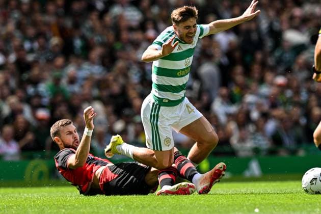 James Forrest of Celtic is tackled by Matteo Gabbia of AC Milan during the pre season friendly match between Celtic and AC Milan at Celtic Park, Glasgow, Scotland on Saturday 25th July 2026. Celtic v AC Milan, Pre Season Friendly, Football, Celtic Park, Glasgow, Scotland, UK - 25 Jul 2026Glasgow Celtic Park United Kingdom  Copyright: xAndyxBuchanan Shutterstockx 17004340ay