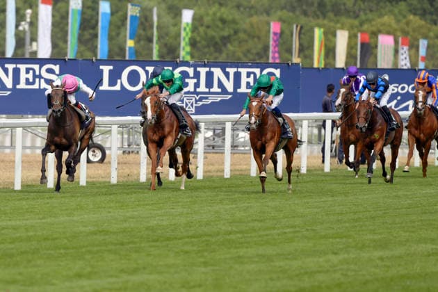 25.07.2026, Ascot, Windsor, GBR - Kalpana with Colin Keane up wins the King George and Queen Elizabeth Stakes. Ascot racecourse. (Pferd, Jockey, Kalpana, Keane, Sieg, Ziel, Zielankunft) 260725C965ASCOT.JPG *** July 25, 2026, Ascot, Windsor, GBR Kalpana, ridden by Colin Keane, wins the King George and Queen Elizabeth Stakes at Ascot Racecourse Horse, Jockey, Kalpana, Keane, Victory, Finish, Finish Line 260725C965ASCOT JPG