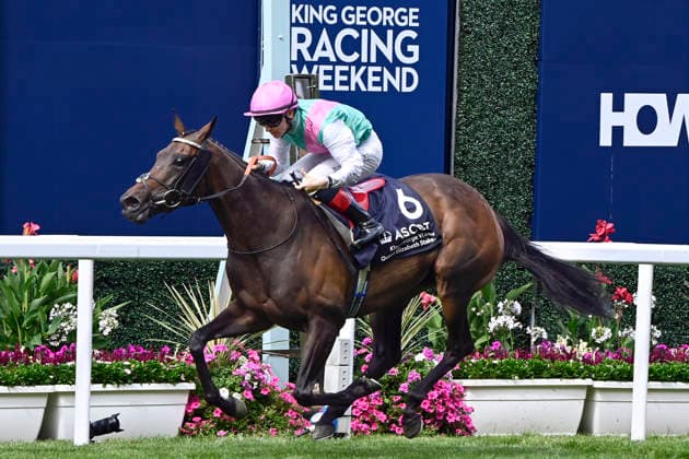 25.07.2026, Ascot, Windsor, GBR - Kalpana with Colin Keane up wins the King George and Queen Elizabeth Stakes. Ascot racecourse. (Pferd, Jockey, Kalpana, Keane, Sieg, Ziel, Zielankunft) 260725C969ASCOT.JPG *** July 25, 2026, Ascot, Windsor, GBR: Kalpana, ridden by Colin Keane, wins the King George and Queen Elizabeth Stakes at Ascot Racecourse. Horse, Jockey, Kalpana, Keane, Victory, Finish, Finish Line 260725C969ASCOT JPG