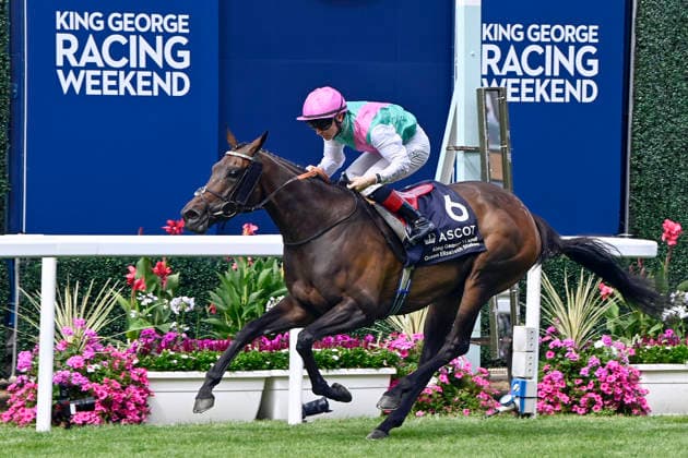 25.07.2026, Ascot, Windsor, GBR - Kalpana with Colin Keane up wins the King George and Queen Elizabeth Stakes. Ascot racecourse. (Pferd, Jockey, Kalpana, Keane, Sieg, Ziel, Zielankunft) 260725C970ASCOT.JPG *** July 25, 2026, Ascot, Windsor, GBR: Kalpana, ridden by Colin Keane, wins the King George and Queen Elizabeth Stakes at Ascot Racecourse. Horse, Jockey, Kalpana, Keane, Victory, Finish, Finish Line 260725C970ASCOT JPG