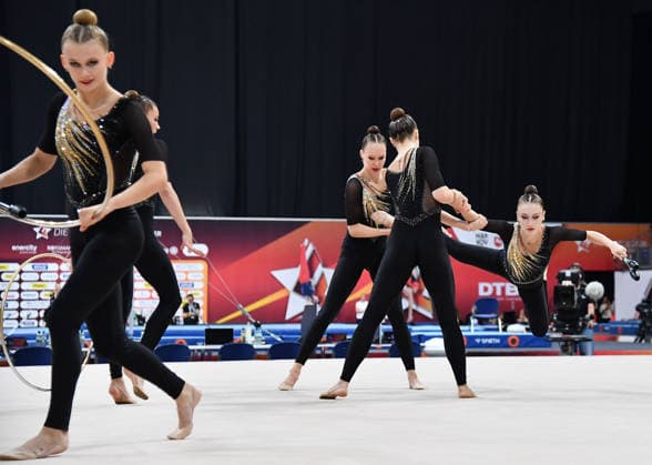 25.07.2026, xhbx, Turnen Rhythmische Sportgymnastik, Deutsche Meisterschaften 2026 v.l. Gruppe, Mannschaft Berliner Turn- und Freizeitsport-Bund Reifen Keulen Übung (DFL DFB REGULATIONS PROHIBIT ANY USE OF PHOTOGRAPHS as IMAGE SEQUENCES and or QUASI-VIDEO) Hannover *** July 25, 2026, xhbx, Gymnastics, Rhythmic Gymnastics, 2026 German Championships, Group V, Team: Berlin Gymnastics and Recreational Sports Association, Hoop, Clubs, Routine. DFL and DFB regulations prohibit any use of photographs as image sequences and or quasi-video. Hanover