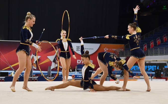 25.07.2026, xhbx, Turnen Rhythmische Sportgymnastik, Deutsche Meisterschaften 2026 v.l. Gruppe, Mannschaft TV Dahn 1910 Reifen Keulen Übung (DFL DFB REGULATIONS PROHIBIT ANY USE OF PHOTOGRAPHS as IMAGE SEQUENCES and or QUASI-VIDEO) Hannover *** July 25, 2026, xhbx, Gymnastics, Rhythmic Gymnastics, 2026 German Championships, Group V, TV Dahn 1910 Team, Hoop, Clubs, Routine. DFL and DFB regulations prohibit any use of photographs as image sequences and or quasi-video. Hanover