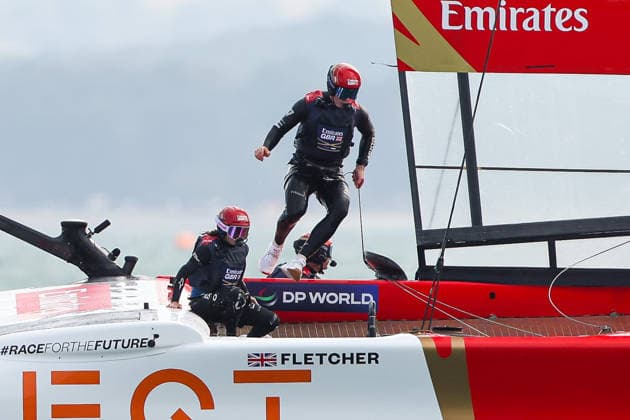 RECORD DATE NOT STATED 25th July 2026; Southsea Common, Portsmouth, Hampshire, England; Emirates Sail Great Britain Grand Prix, Day One; a crew member crosses the F50 catamaran of Emirates GBR SailGP Team HenningxvonxJagow