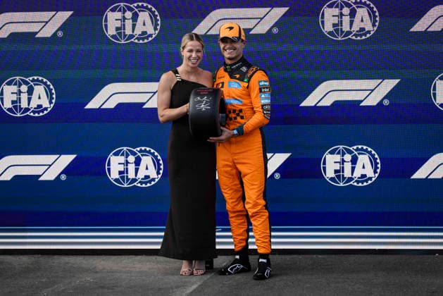F1 - HUNGARIAN GRAND PRIX 2026 NORRIS Lando (gbr), McLaren F1 Team MCL40, portrait Michelle Gulyas, a Hungarian Olympic pentathlete portrait pole position pirelli during the Formula 1 Hungarian Grand Prix 2026, 11th round of the 2026 Formula One World Championship, WM, Weltmeisterschaft from July 24 to 26, 2026 on the Hungaroring, in Mogyorod near Budapest, Hungary - MogyorodHungary  Copyright: xXavixBonillax