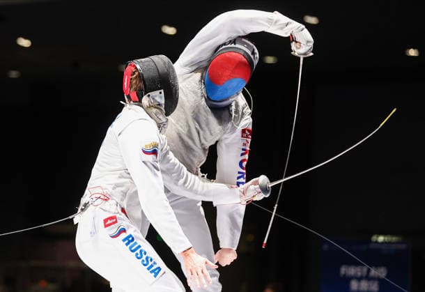 CHINA, HONG KONG - JULY 25, 2026: Russia s Kirill Borodachev (L) and Republic of Korea s Youn Jeonghyun compete in the men’s individual foil event at the 2026 Kerry Fencing World Championships. Mikhail Sinitsyn TASS  95438902