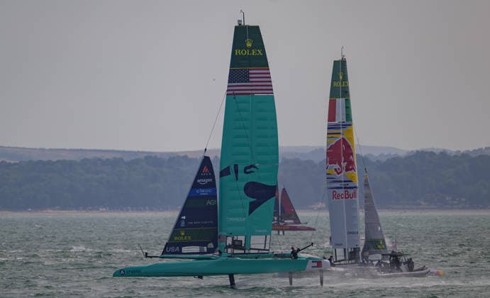 Rolex SailGP Championship USA pass Red Bull Italy during the 2026 Rolex SailGP Championship at The Solent, Portsmouth 25 07 2026 UK Newspapers OUT Copyright: xGraemexWilcocksonx FIL-23671-0024