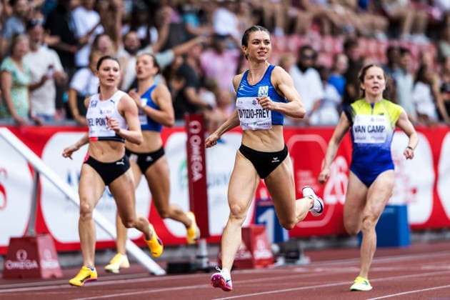 Swiss Athletics Championships, 25.07.2026 ZURICH, SWITZERLAND - JULY 25: Geraldine Di Tizio-Frey (LK Zug) finishes in the womens 100 m final at the Swiss Athletics Championships on July 25, 2026 in Zurich, Switzerland. *** Swiss Athletics Championships, July 25, 2026, Zurich, Switzerland. Geraldine Di Tizio Frey of LK Zug finishes the women s 100-meter final at the Swiss Athletics Championships on July 25, 2026, in Zurich, Switzerland. Copyright: xBEAUTIFULxSPORTS UlfxSchillerx