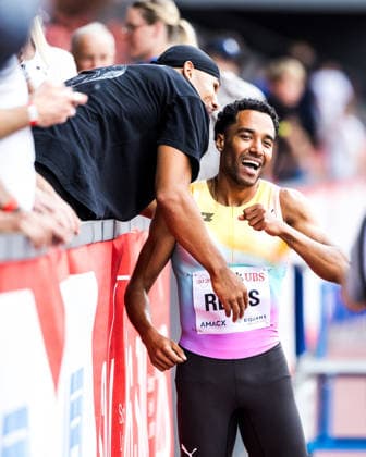 Swiss Athletics Championships, 25.07.2026 ZURICH, SWITZERLAND - JULY 25: William Jeff Reais (LC Zuerich), right, celebrates with Jason Joseph (LC Therwil), left, after winning the 100 m at the Swiss Athletics Championships on July 25, 2026 in Zurich, Switzerland. *** Swiss Athletics Championships, July 25, 2026, ZURICH, SWITZERLAND JULY 25 William Jeff Reais of LC Zurich, right, celebrates with Jason Joseph of LC Therwil, left, after winning the 100-meter dash at the Swiss Athletics Championships on July 25, 2026, in Zurich, Switzerland Copyright: xBEAUTIFULxSPORTS UlfxSchillerx