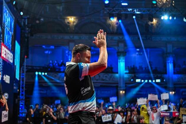 RECORD DATE NOT STATED 25th July 2026, Winter Gardens, Blackpool, Lancashire, England; 2026 Betfred World Matchplay Darts, Day Eight; Gerwyn Price arrives on stage for his semi final match against Gian van Veen GodfreyxPitt