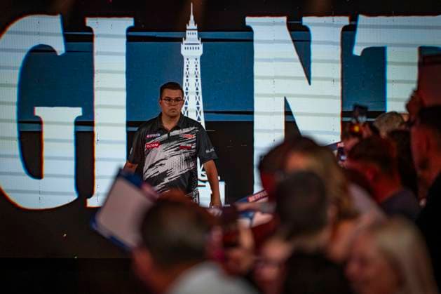 RECORD DATE NOT STATED 25th July 2026, Winter Gardens, Blackpool, Lancashire, England; 2026 Betfred World Matchplay Darts, Day Eight; Gian van Veen is introduced to the fans before his semi final match against Gerwyn Price GodfreyxPitt