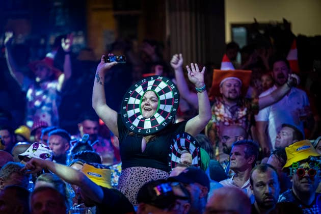 RECORD DATE NOT STATED 25th July 2026, Winter Gardens, Blackpool, Lancashire, England; 2026 Betfred World Matchplay Darts, Day Eight; Fans cheer the players as they arrive on stage GodfreyxPitt