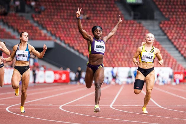 Swiss Athletics Championships, 25.07.2026 ZURICH, SWITZERLAND - JULY 25: Natacha Kouni (LC Zuerich) reacts after her win in the semi final of the womens 100 m at the Swiss Athletics Championships on July 25, 2026 in Zurich, Switzerland. *** Swiss Athletics Championships, July 25, 2026, ZURICH, SWITZERLAND, JULY 25—Natacha Kouni of LC Zurich reacts after her win in the semifinals of the women’s 100-meter dash at the Swiss Athletics Championships on July 25, 2026, in Zurich, Switzerland Copyright: xBEAUTIFULxSPORTS UlfxSchillerx