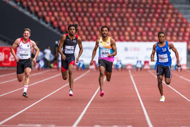 Swiss Athletics Championships, 25.07.2026 ZURICH, SWITZERLAND - JULY 25: Emile Mumenthaler (CHP Geneve), William Jeff Reais (LC Zuerich), Giovanni Pirolli (US Ascona atletica) compete in the semi final of the mens 100 m at the Swiss Athletics Championships on July 25, 2026 in Zurich, Switzerland. *** Swiss Athletics Championships, July 25, 2026, ZURICH, SWITZERLAND JULY 25 Emile Mumenthaler of CHP Geneva, William Jeff Reais of LC Zurich, and Giovanni Pirolli of US Ascona Atletica compete in the semifinals of the men’s 100-meter dash at the Swiss Athletics Championships on July 25, 2026, in Zurich, Switzerland Copyright: xBEAUTIFULxSPORTS UlfxSchillerx