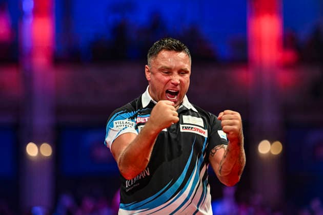 RECORD DATE NOT STATED 25th July 2026, Winter Gardens, Blackpool, Lancashire, England; 2026 Betfred World Matchplay Darts, Day Eight; Gerwyn Price celebrates winning his semi final match against Gian van Veen GodfreyxPitt