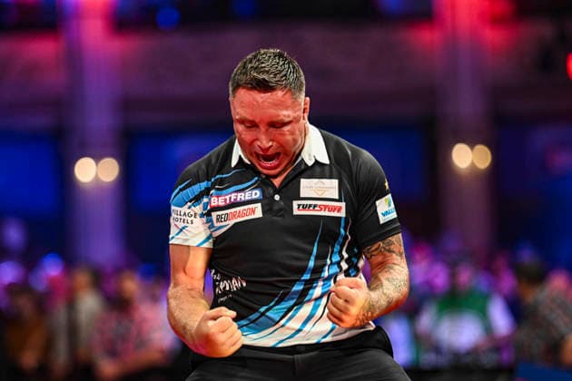 RECORD DATE NOT STATED 25th July 2026, Winter Gardens, Blackpool, Lancashire, England; 2026 Betfred World Matchplay Darts, Day Eight; Gerwyn Price celebrates winning his semi final match against Gian van Veen GodfreyxPitt