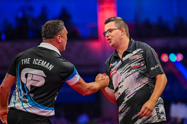 RECORD DATE NOT STATED 25th July 2026, Winter Gardens, Blackpool, Lancashire, England; 2026 Betfred World Matchplay Darts, Day Eight; Gian van Veen congratulates Gerwyn Price on his victory in their semi final match GodfreyxPitt