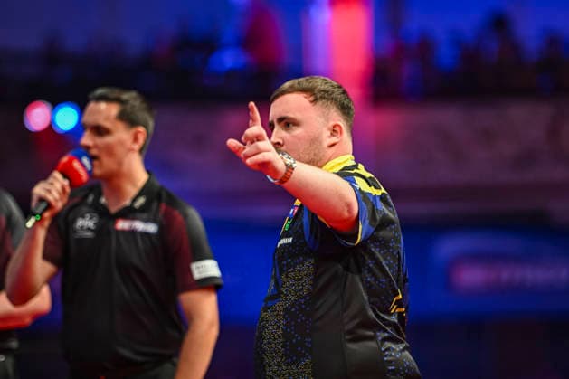 RECORD DATE NOT STATED 25th July 2026, Winter Gardens, Blackpool, Lancashire, England; 2026 Betfred World Matchplay Darts, Day Eight; Luke Littler celebrates hitting another 180 in his semi final match against Dirk van Duijvenbode GodfreyxPitt