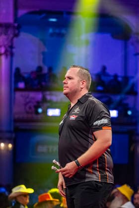 RECORD DATE NOT STATED 25th July 2026, Winter Gardens, Blackpool, Lancashire, England; 2026 Betfred World Matchplay Darts, Day Eight; Dirk van Duijvenbode in action on the oche in his semi final match against Luke Littler GodfreyxPitt