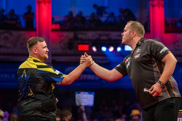 RECORD DATE NOT STATED 25th July 2026, Winter Gardens, Blackpool, Lancashire, England; 2026 Betfred World Matchplay Darts, Day Eight; Dirk van Duijvenbode shakes hands with his opponent Luke Littler before their semi final match GodfreyxPitt